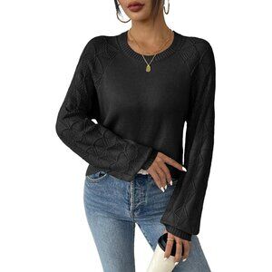 Zeagoo Women Black Crew Neck Eyelet Long Sleeve Casual Kint Pullover Sweaters
